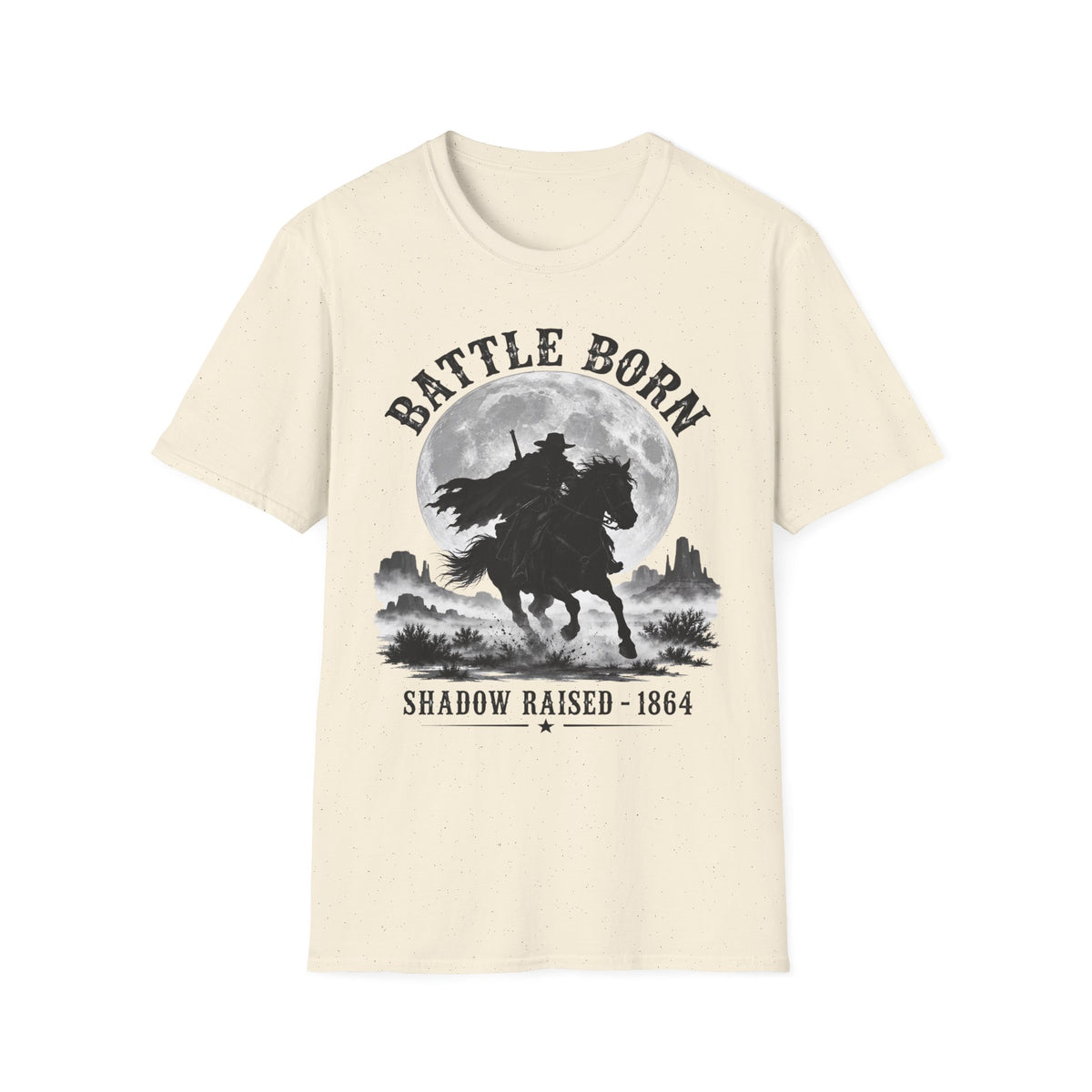 Battle Born Shadow Raised 1864 Shirt – Dark Western Horseman Moon Tee
