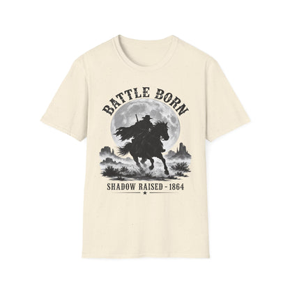 Battle Born Shadow Raised 1864 Shirt – Dark Western Horseman Moon Tee