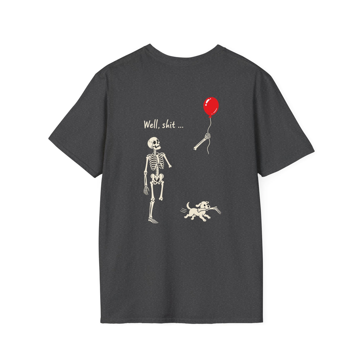 Skeleton Balloon & Dog Dark Humor Shirt – Spooky Back Print Graphic Tee