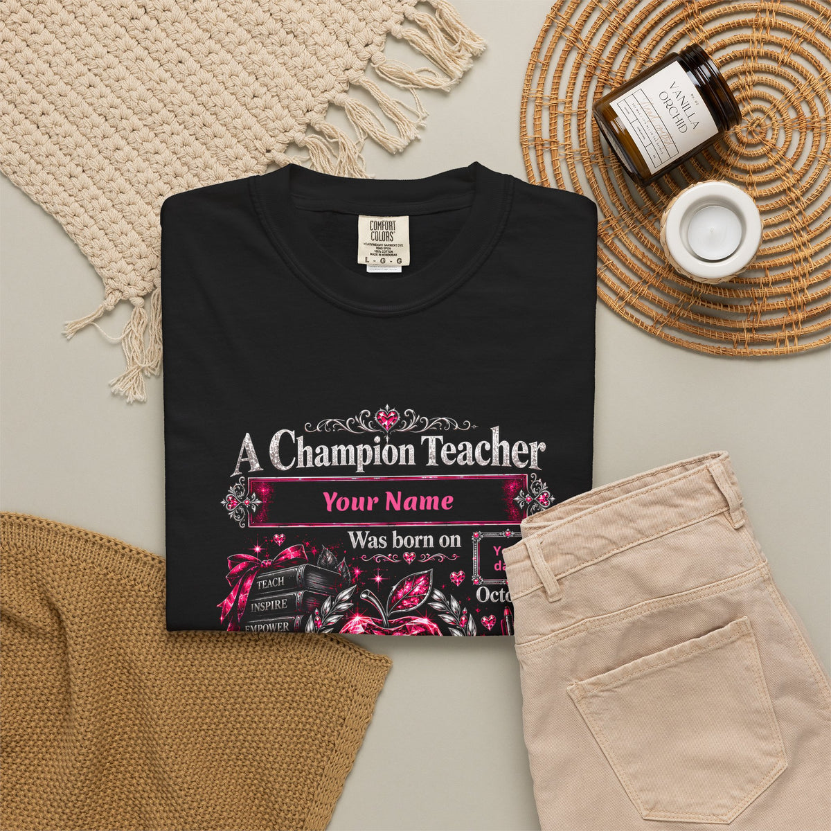Personalized Champion Teacher October Birthday Comfort Colors Tee