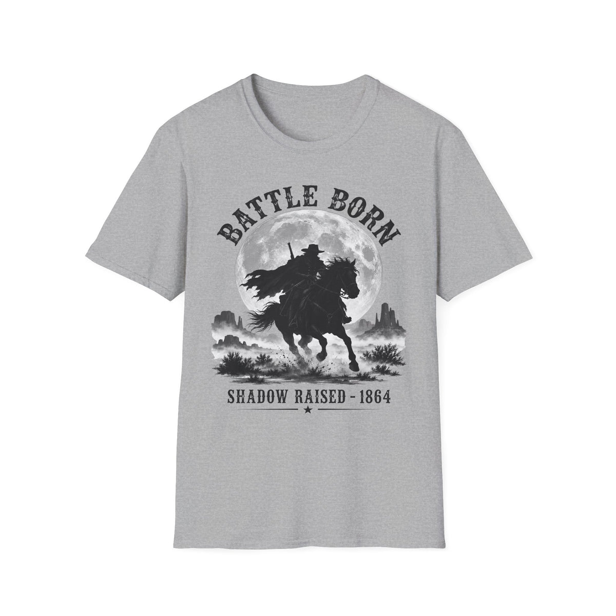 Battle Born Shadow Raised 1864 Shirt – Dark Western Horseman Moon Tee