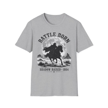 Battle Born Shadow Raised 1864 Shirt – Dark Western Horseman Moon Tee