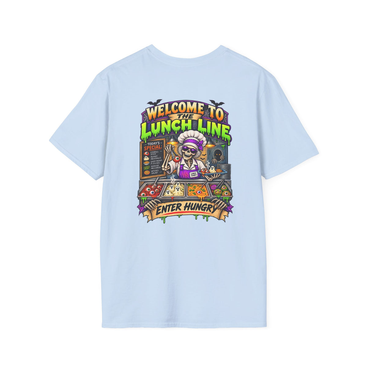 Halloween Lunch Line Skeleton Chef Shirt – Spooky Food Humor Back Print Tee
