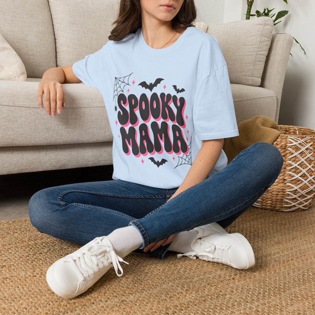 Spooky Mama Halloween Shirt – Retro Pink Bat & Spider Web Mom Tee