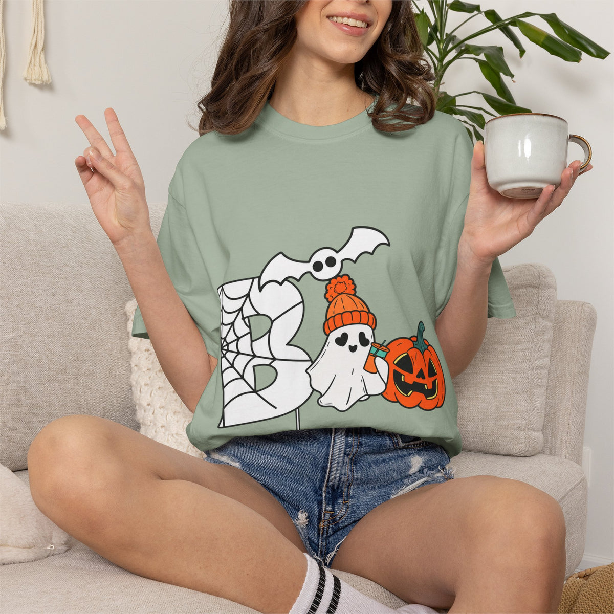 Cute Ghost Pumpkin Cozy Halloween Comfort Colors T-Shirt