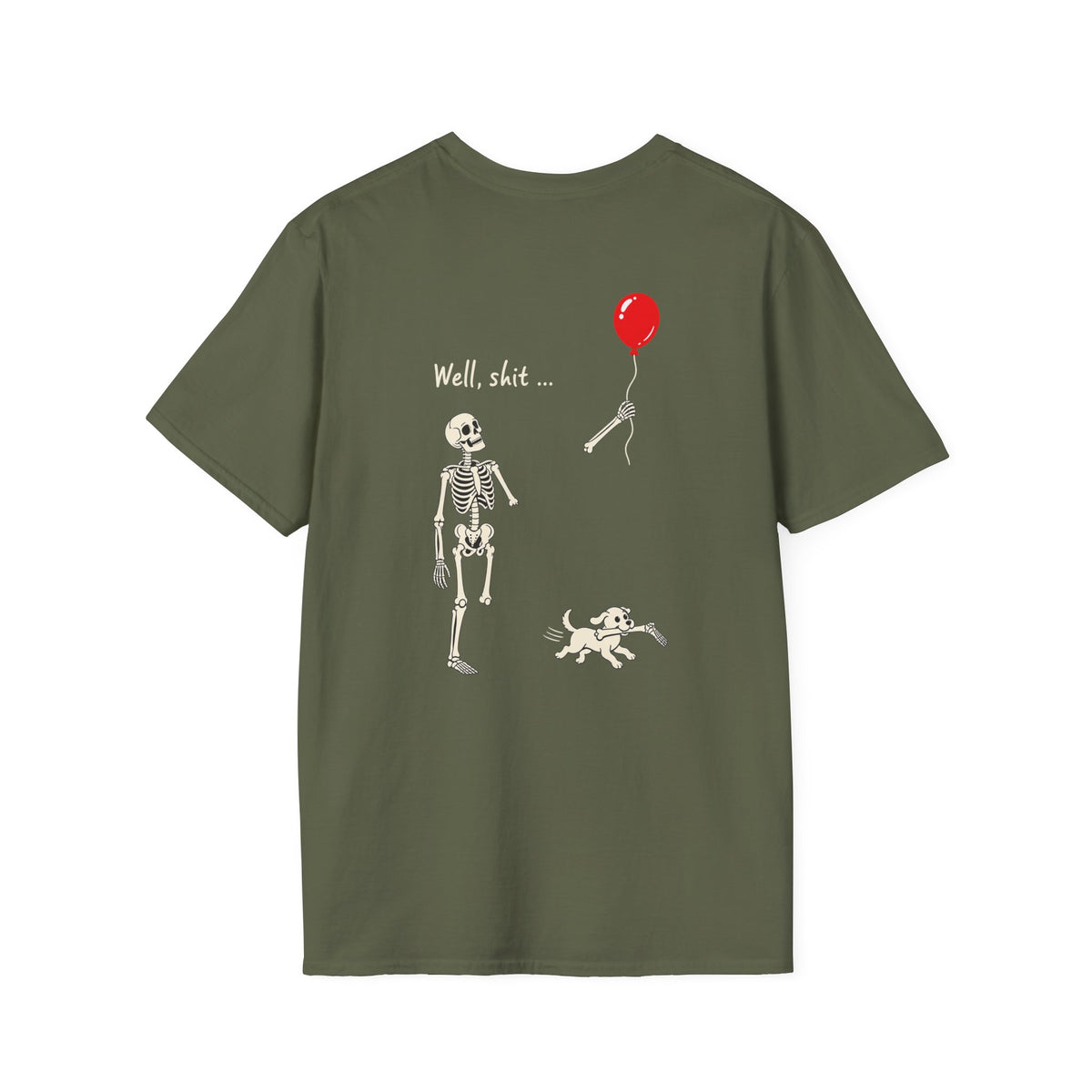 Skeleton Balloon & Dog Dark Humor Shirt – Spooky Back Print Graphic Tee