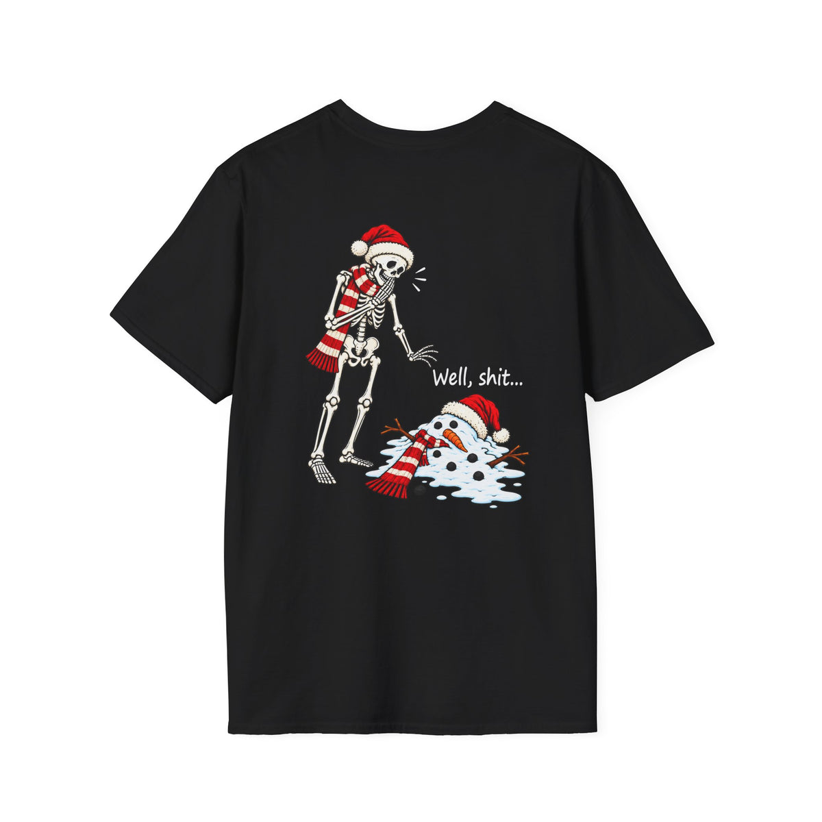 Funny Christmas Skeleton & Melted Snowman Shirt – Holiday Humor Back Print Tee