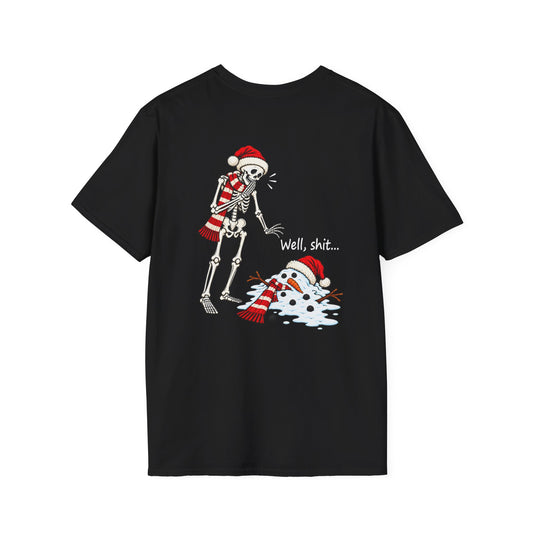 Funny Christmas Skeleton & Melted Snowman Shirt – Holiday Humor Back Print Tee