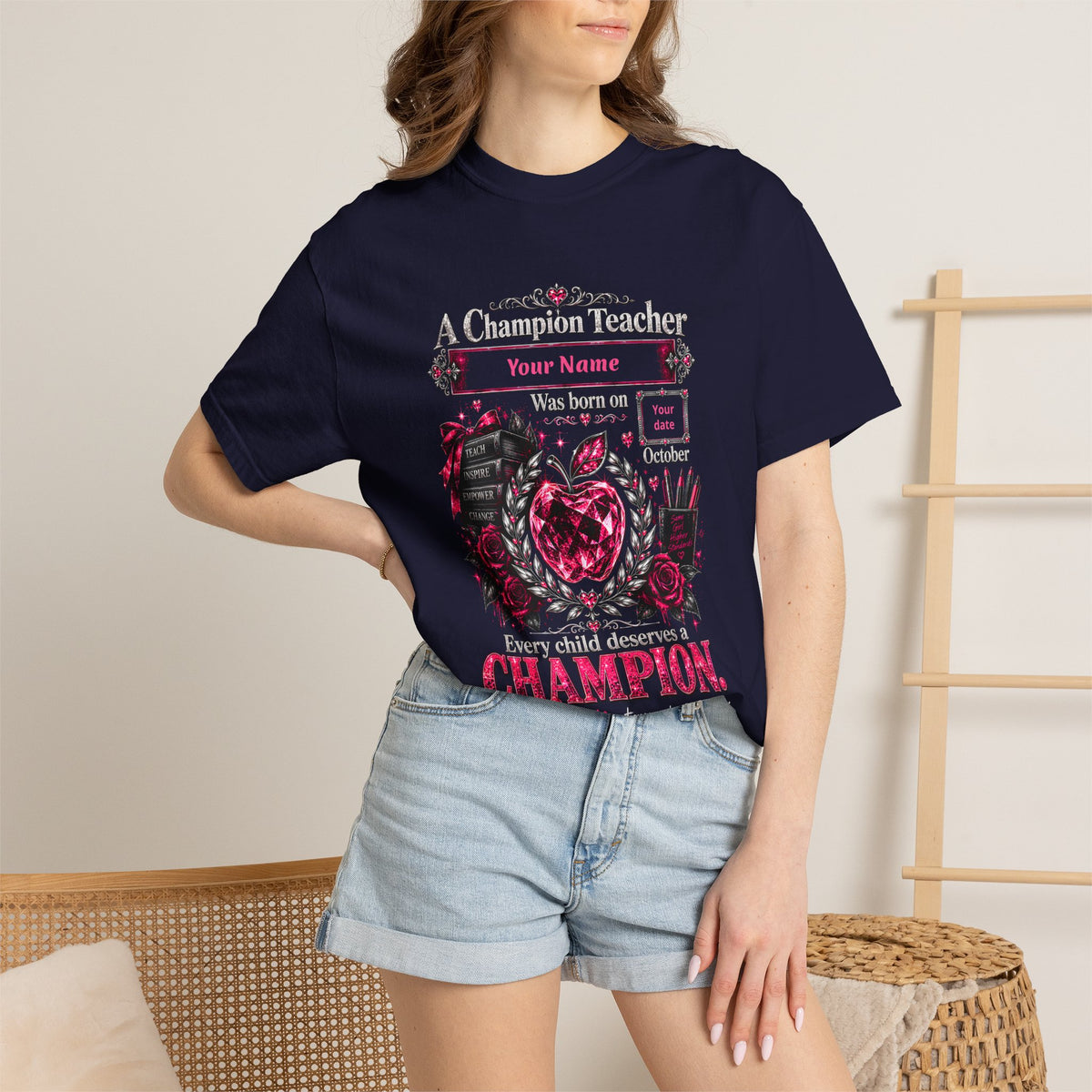 Personalized Champion Teacher October Birthday Comfort Colors Tee