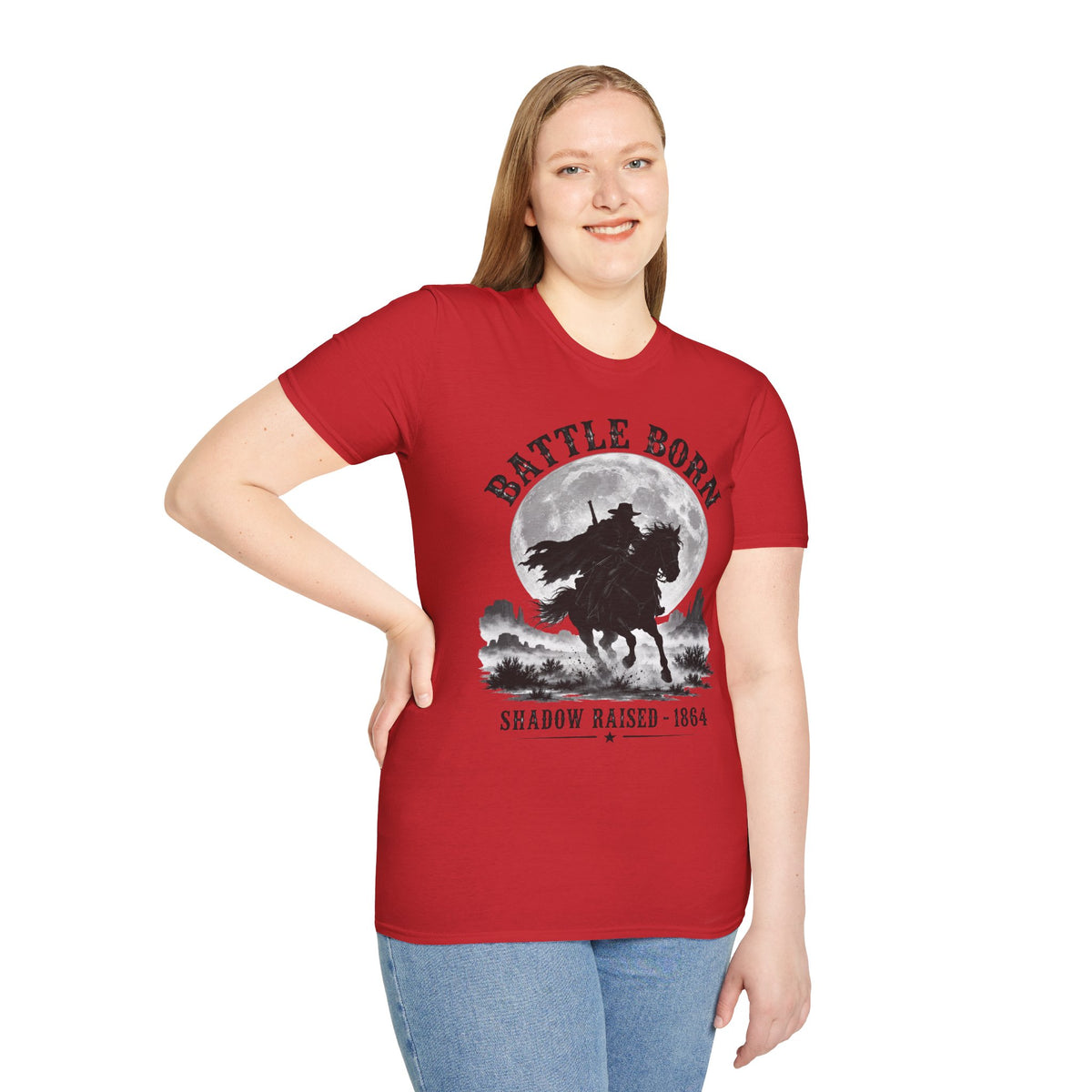 Battle Born Shadow Raised 1864 Shirt – Dark Western Horseman Moon Tee