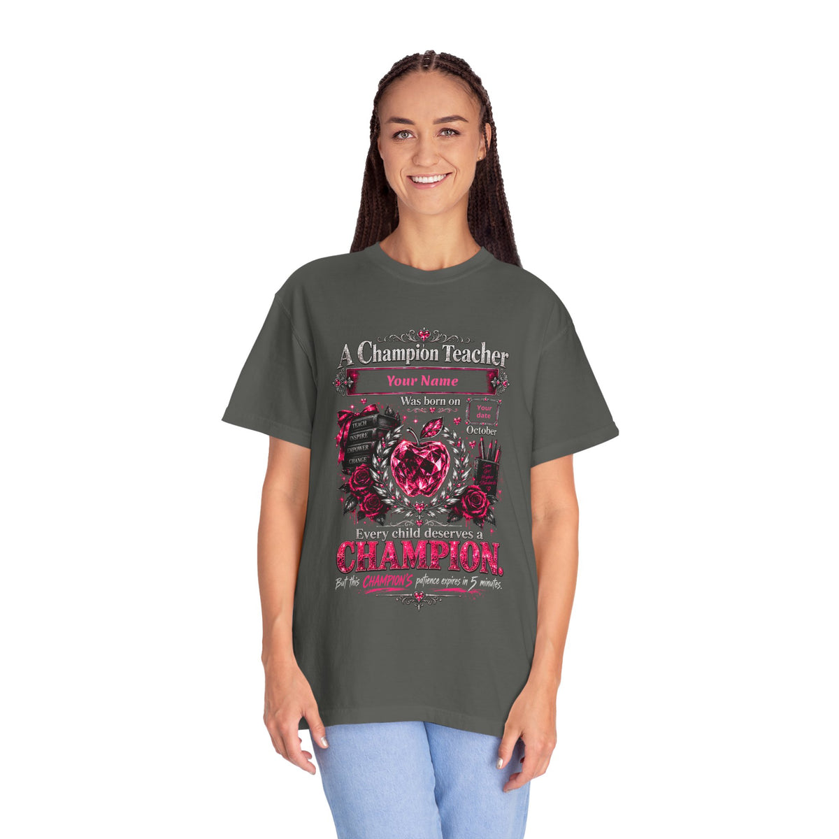 Personalized Champion Teacher October Birthday Comfort Colors Tee