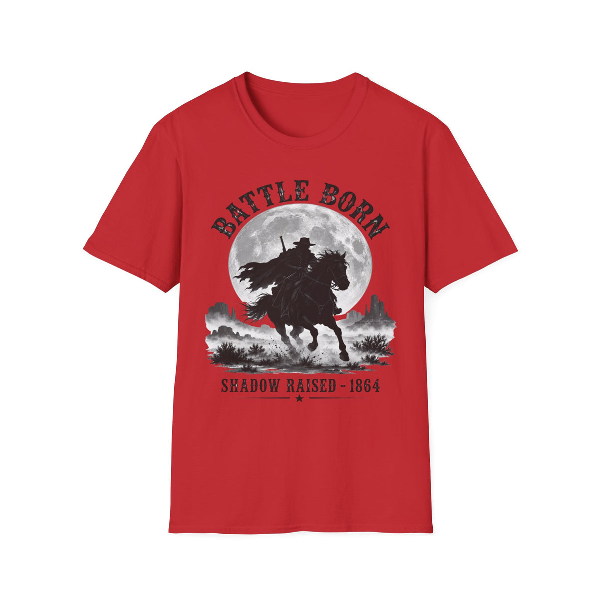 Battle Born Shadow Raised 1864 Shirt – Dark Western Horseman Moon Tee