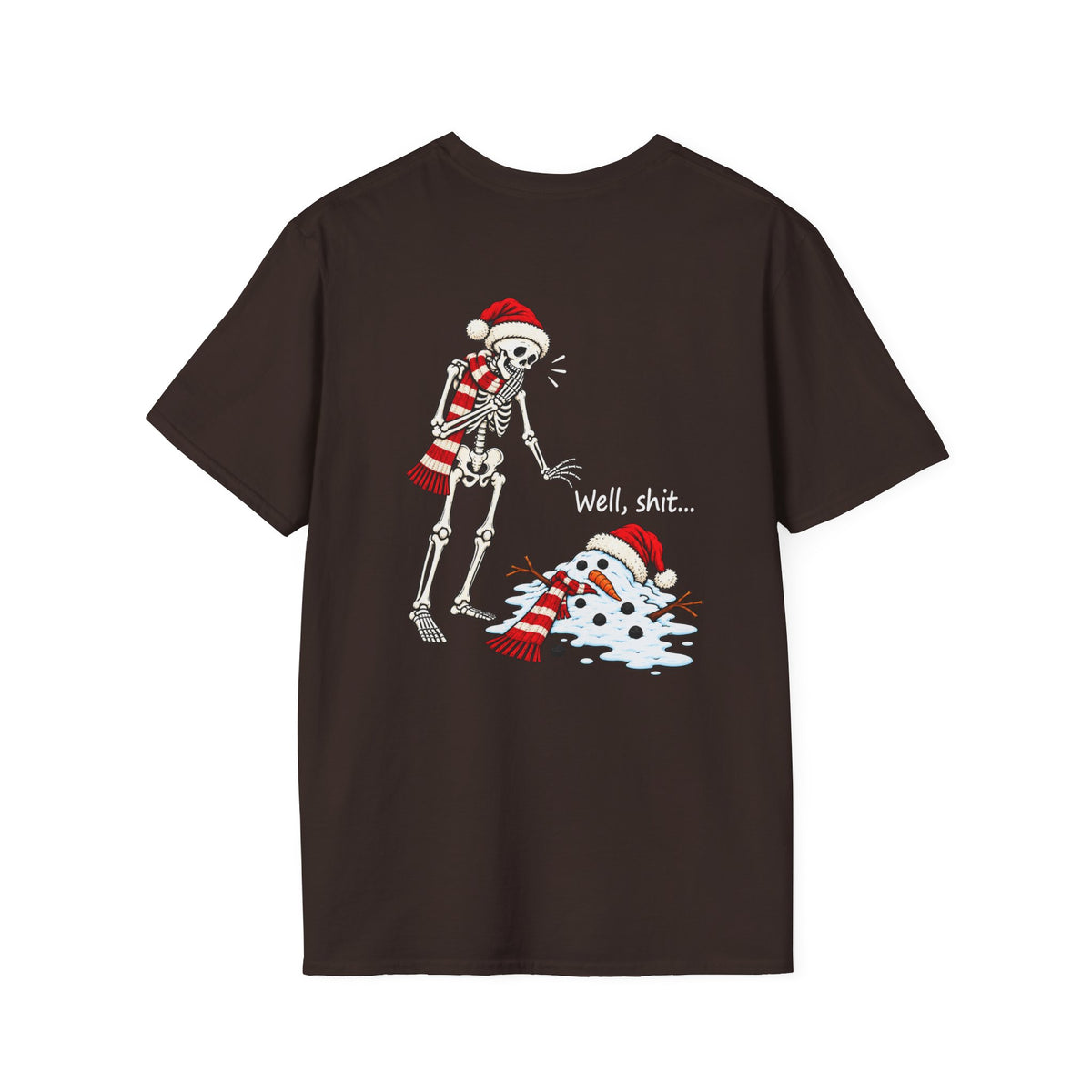 Funny Christmas Skeleton & Melted Snowman Shirt – Holiday Humor Back Print Tee