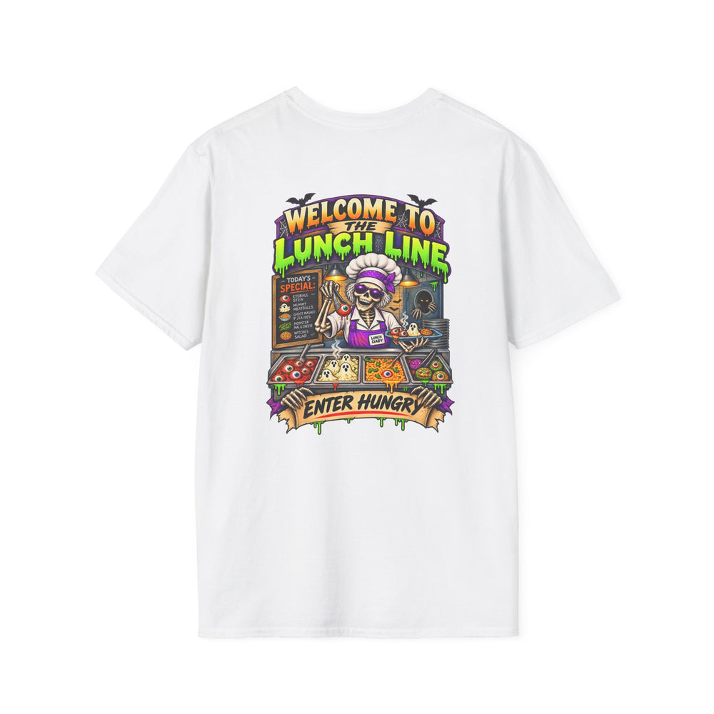 Halloween Lunch Line Skeleton Chef Shirt – Spooky Food Humor Back Print Tee