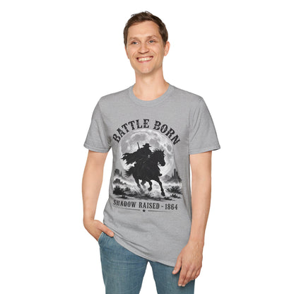 Battle Born Shadow Raised 1864 Shirt – Dark Western Horseman Moon Tee