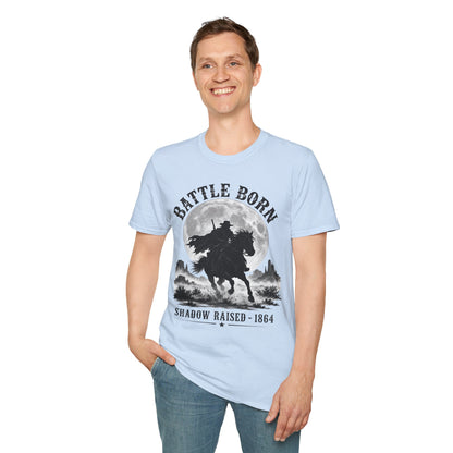 Battle Born Shadow Raised 1864 Shirt – Dark Western Horseman Moon Tee