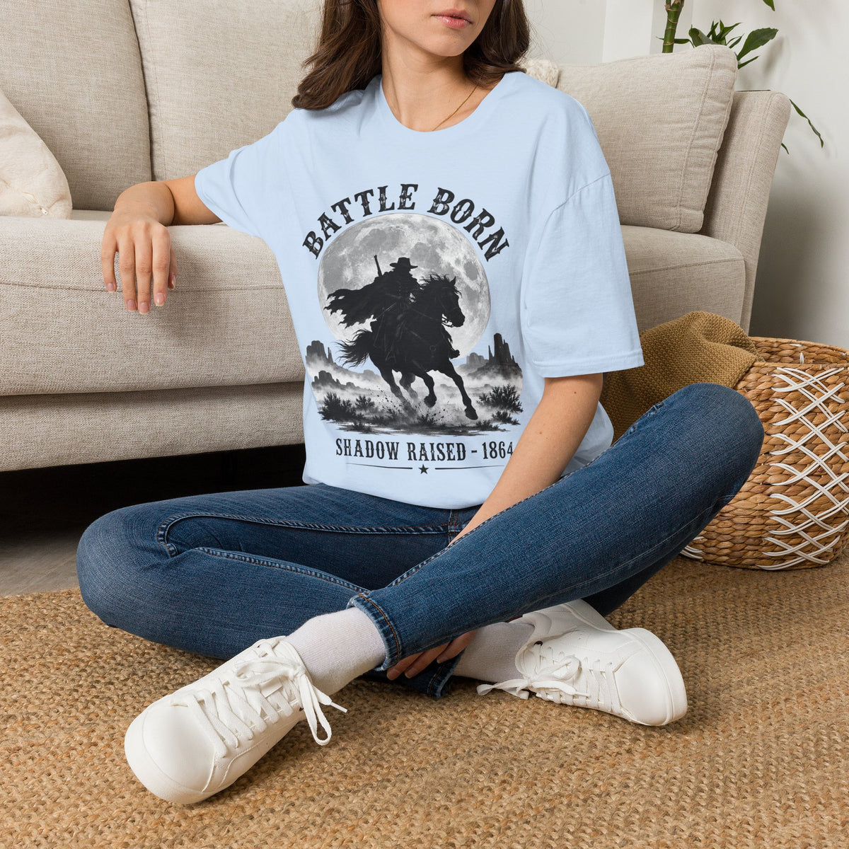 Battle Born Shadow Raised 1864 Shirt – Dark Western Horseman Moon Tee