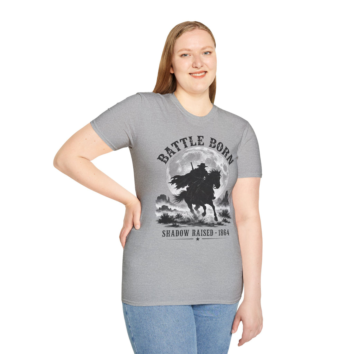 Battle Born Shadow Raised 1864 Shirt – Dark Western Horseman Moon Tee