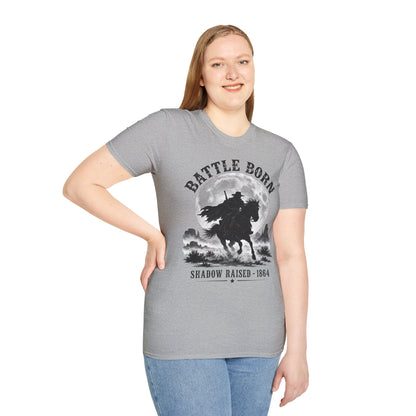 Battle Born Shadow Raised 1864 Shirt – Dark Western Horseman Moon Tee