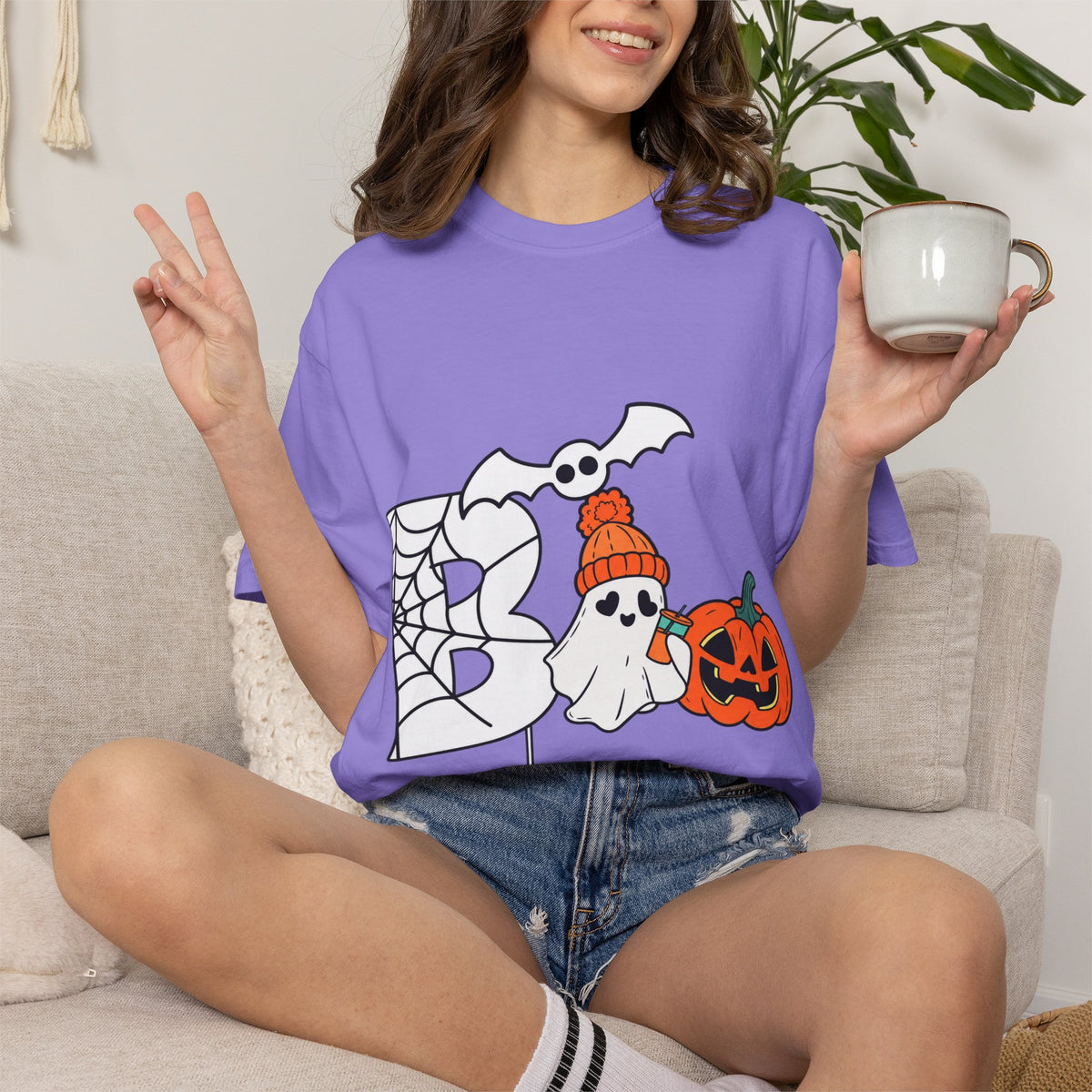 Cute Ghost Pumpkin Cozy Halloween Comfort Colors T-Shirt