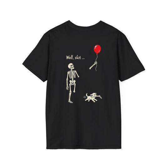 Skeleton Balloon & Dog Dark Humor Shirt – Spooky Back Print Graphic Tee
