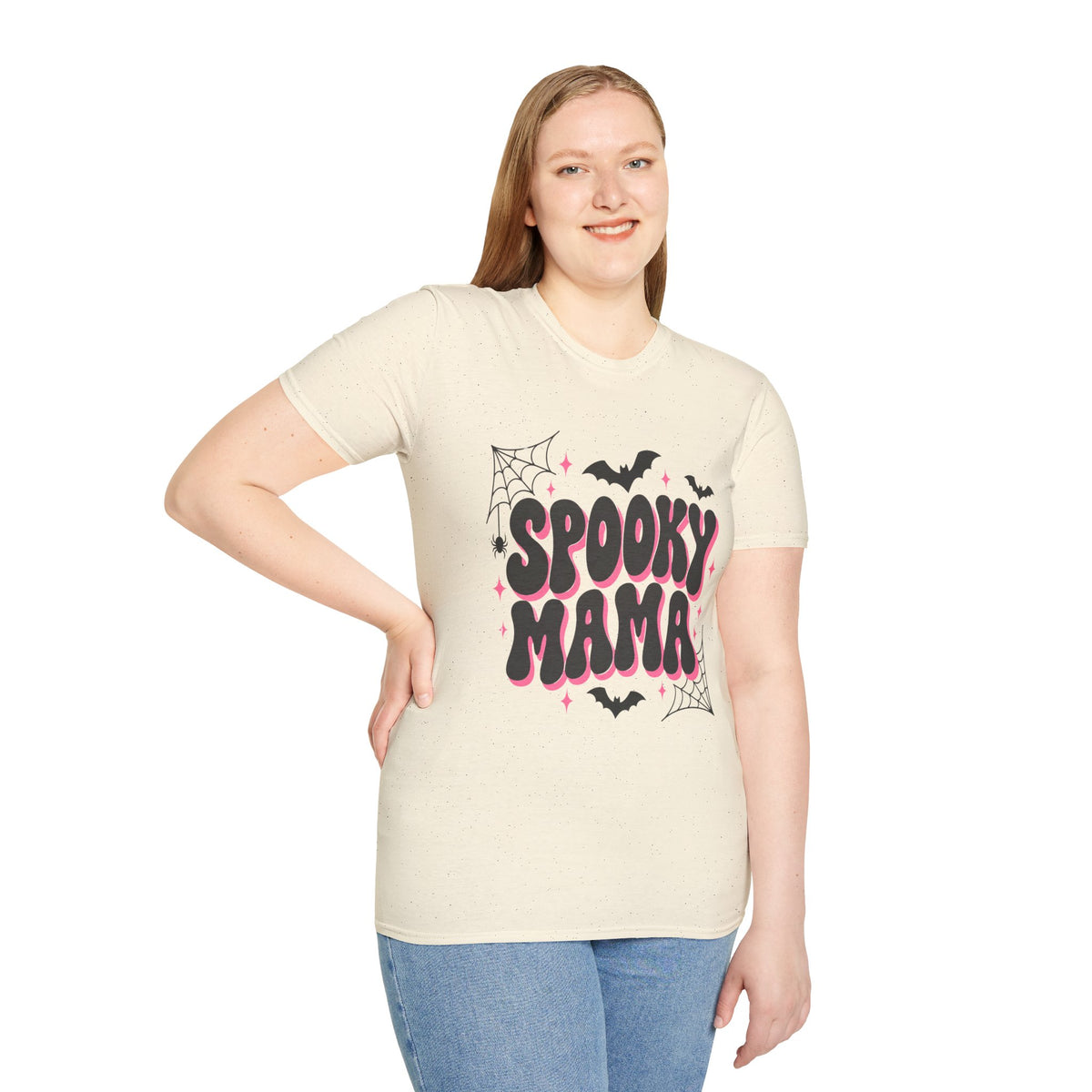 Spooky Mama Halloween Shirt – Retro Pink Bat & Spider Web Mom Tee