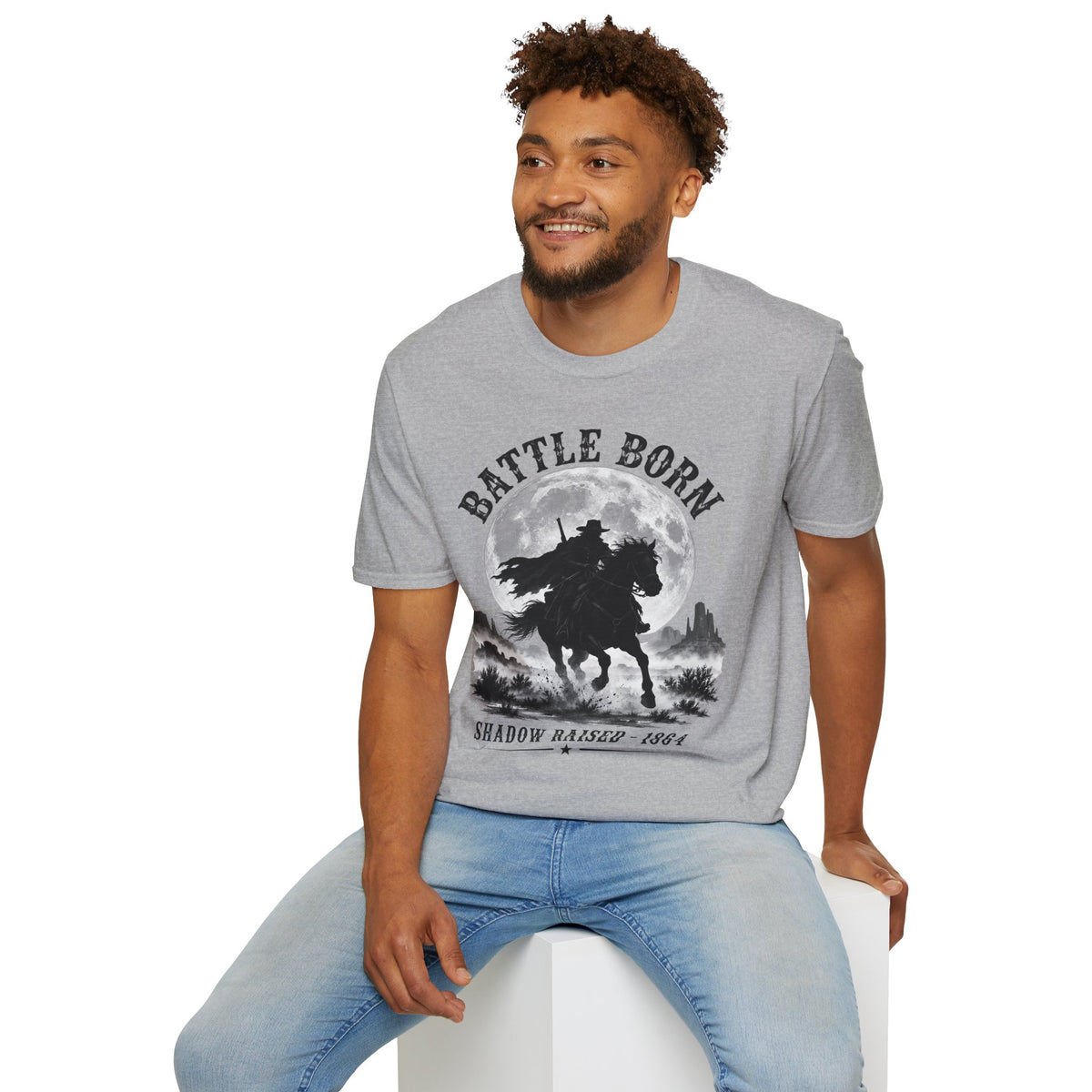 Battle Born Shadow Raised 1864 Shirt – Dark Western Horseman Moon Tee