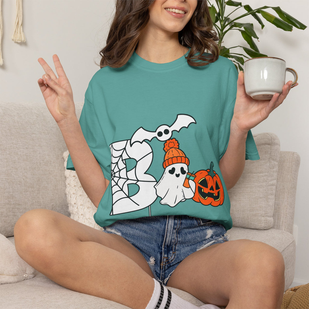Cute Ghost Pumpkin Cozy Halloween Comfort Colors T-Shirt