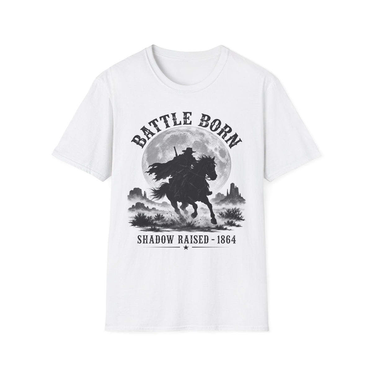 Battle Born Shadow Raised 1864 Shirt – Dark Western Horseman Moon Tee