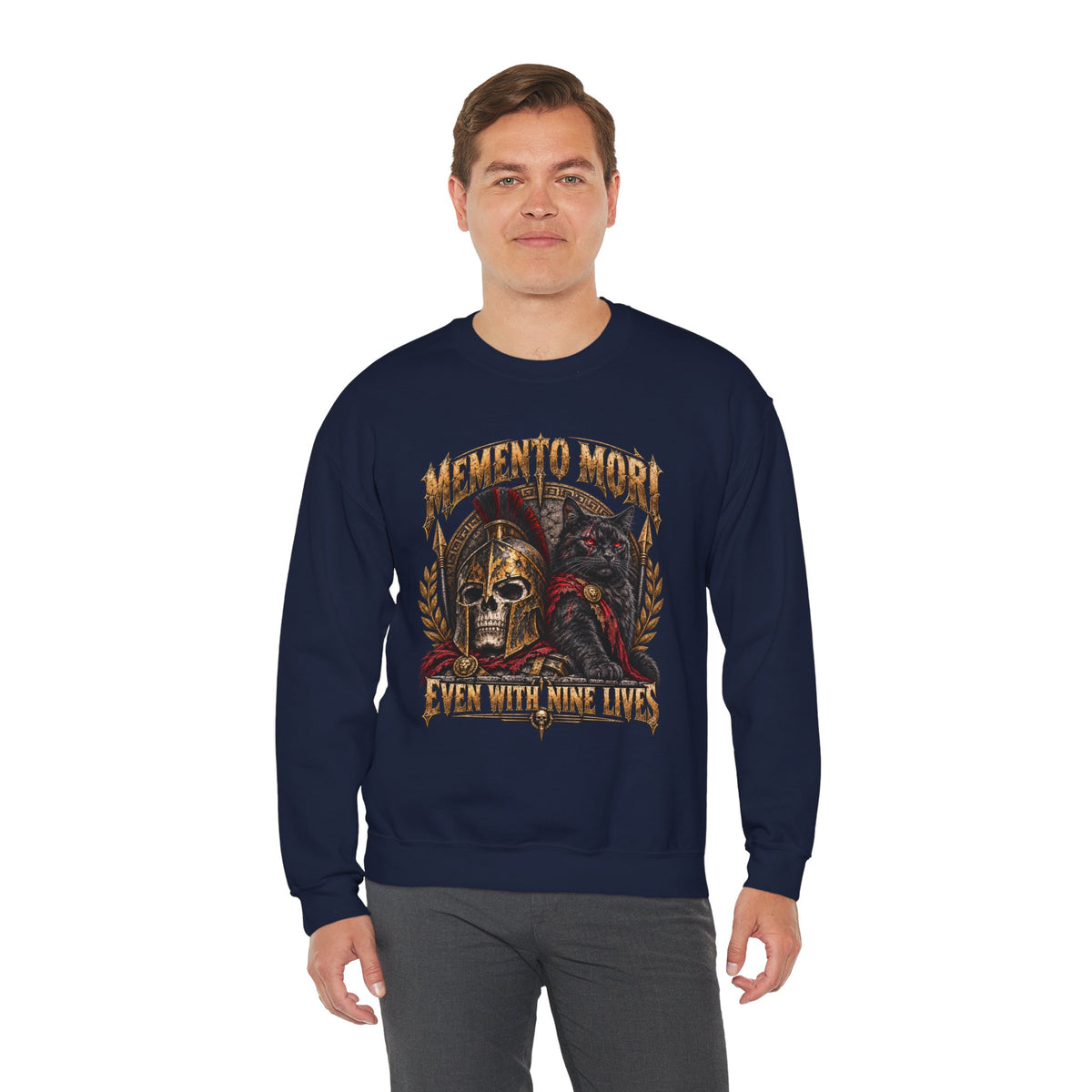 Memento Mori Nine Lives Spartan Cat Gildan 18000 Sweatshirt