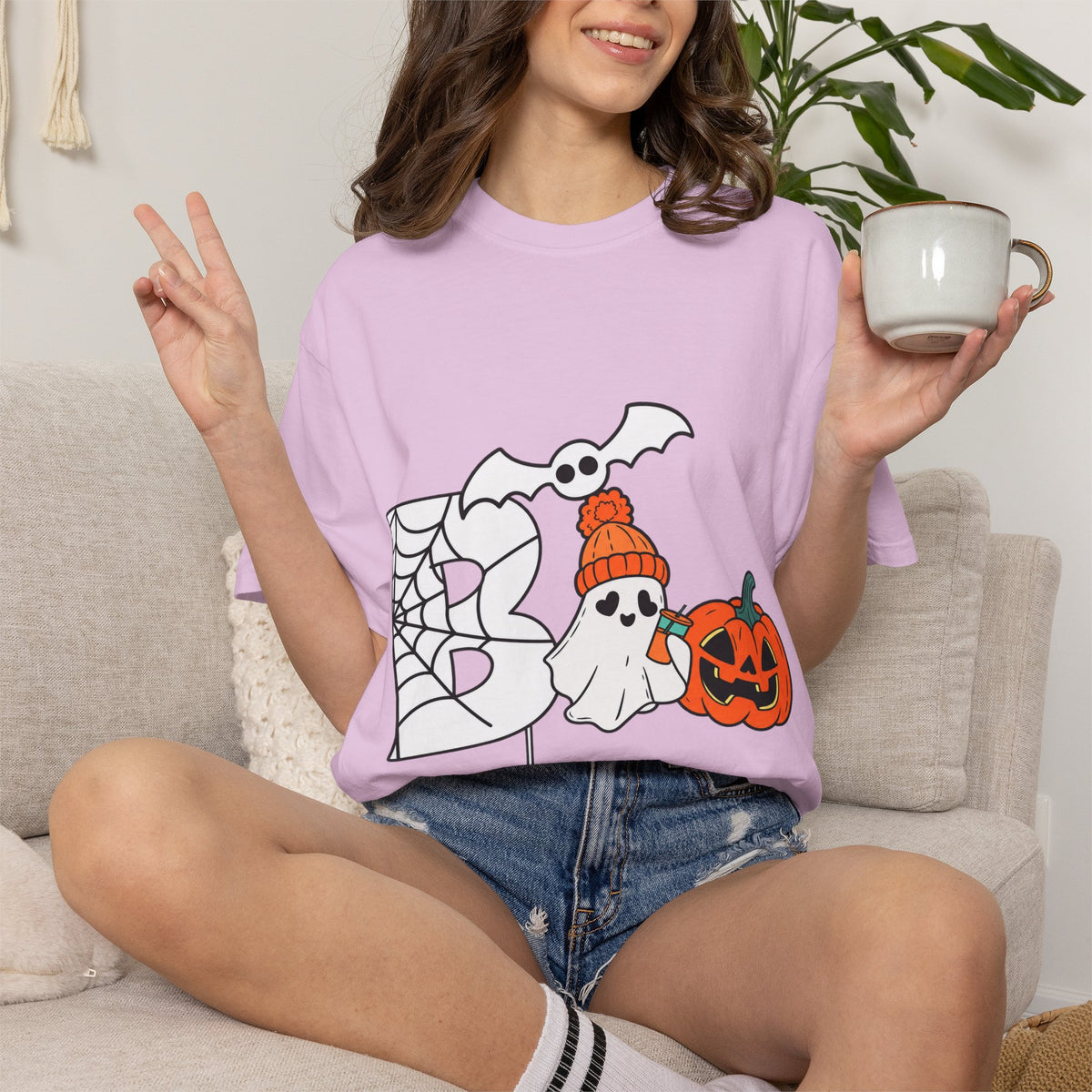 Cute Ghost Pumpkin Cozy Halloween Comfort Colors T-Shirt
