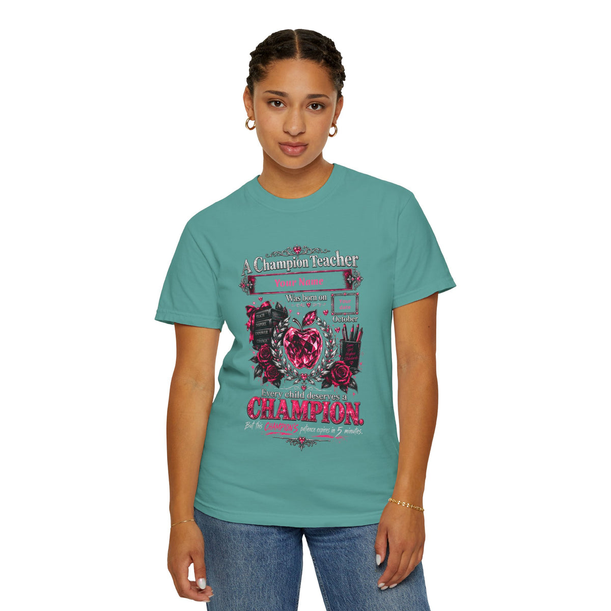 Personalized Champion Teacher October Birthday Comfort Colors Tee
