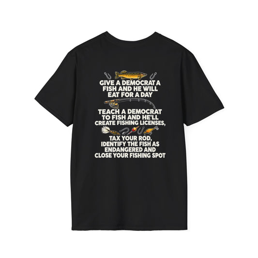 Fishing Political Satire Shirt – Funny Angler Back Print Graphic Tee