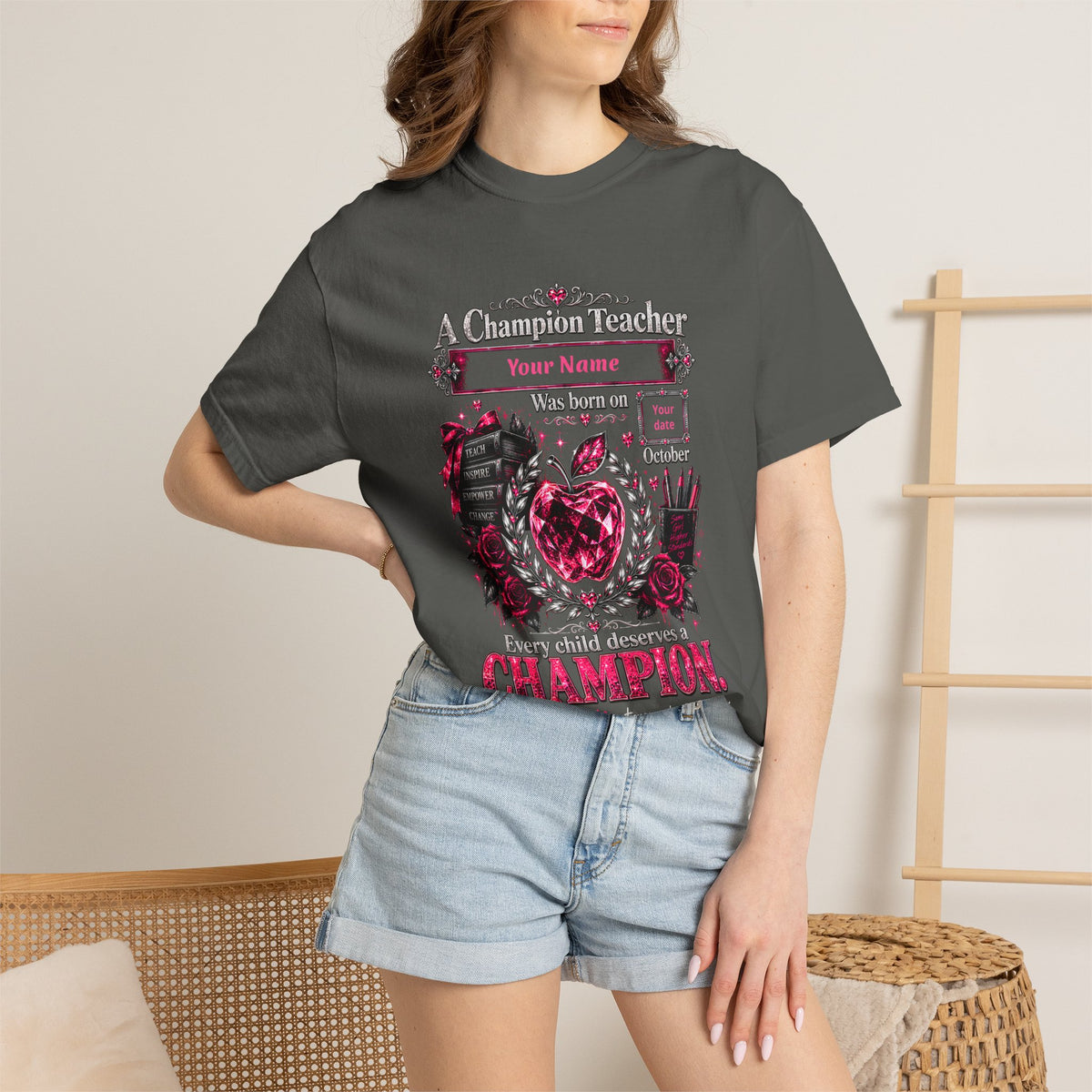 Personalized Champion Teacher October Birthday Comfort Colors Tee