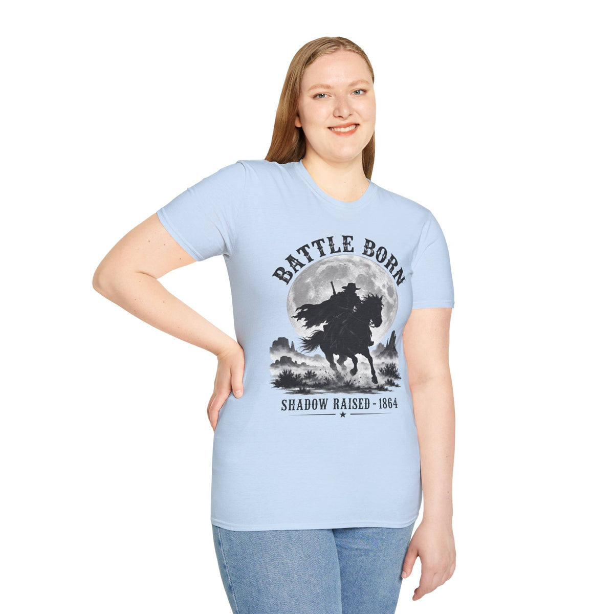 Battle Born Shadow Raised 1864 Shirt – Dark Western Horseman Moon Tee