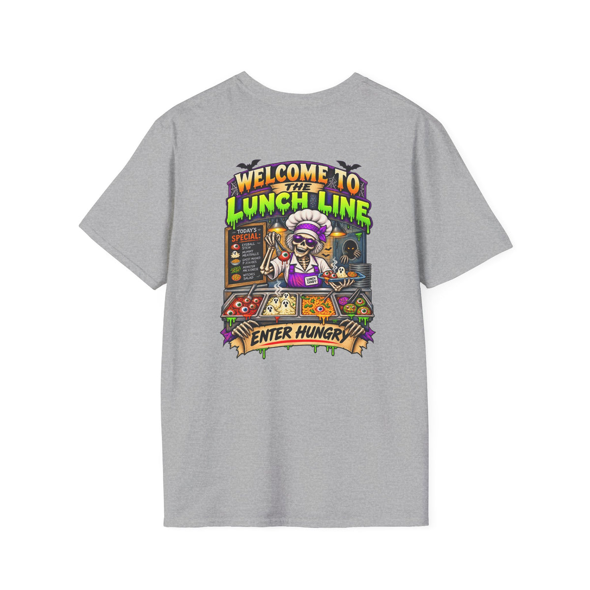 Halloween Lunch Line Skeleton Chef Shirt – Spooky Food Humor Back Print Tee