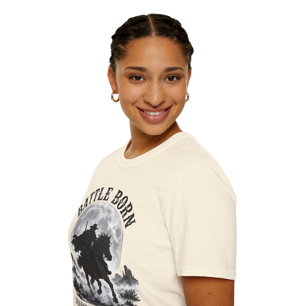 Battle Born Shadow Raised 1864 Shirt – Dark Western Horseman Moon Tee