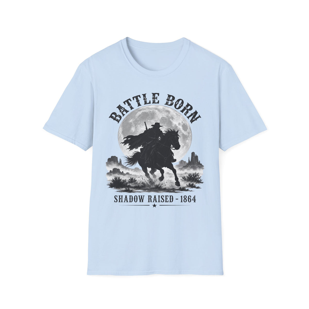 Battle Born Shadow Raised 1864 Shirt – Dark Western Horseman Moon Tee