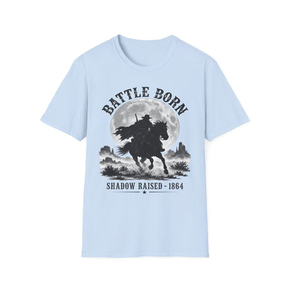 Battle Born Shadow Raised 1864 Shirt – Dark Western Horseman Moon Tee