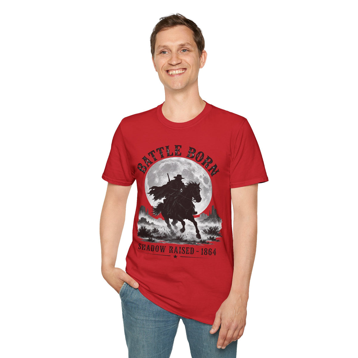 Battle Born Shadow Raised 1864 Shirt – Dark Western Horseman Moon Tee