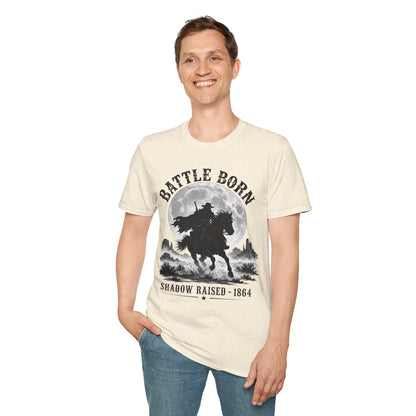 Battle Born Shadow Raised 1864 Shirt – Dark Western Horseman Moon Tee