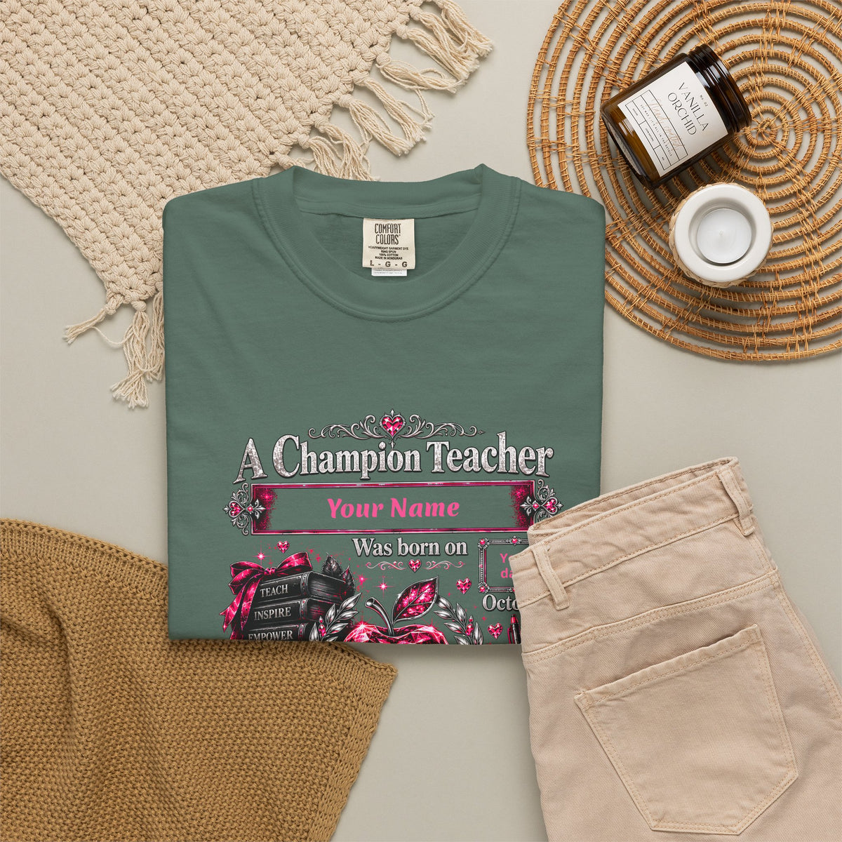 Personalized Champion Teacher October Birthday Comfort Colors Tee