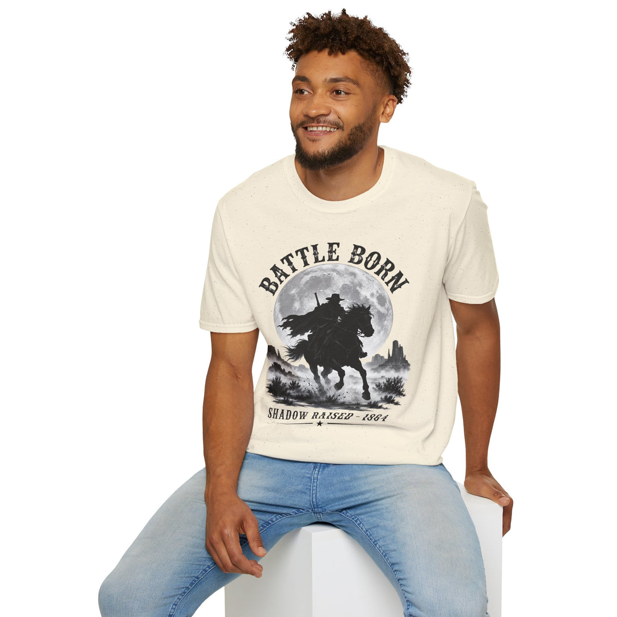 Battle Born Shadow Raised 1864 Shirt – Dark Western Horseman Moon Tee