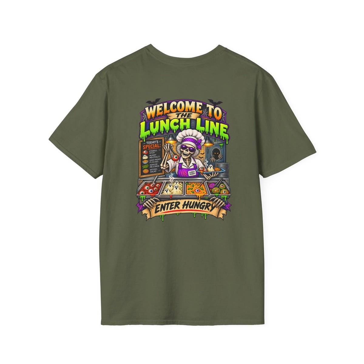 Halloween Lunch Line Skeleton Chef Shirt – Spooky Food Humor Back Print Tee