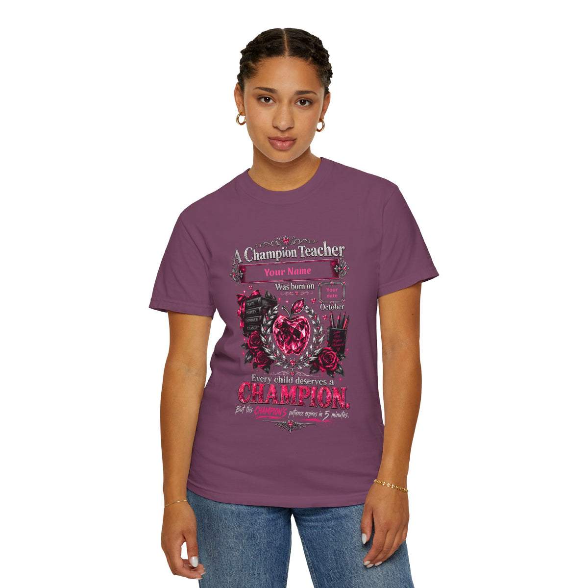 Personalized Champion Teacher October Birthday Comfort Colors Tee