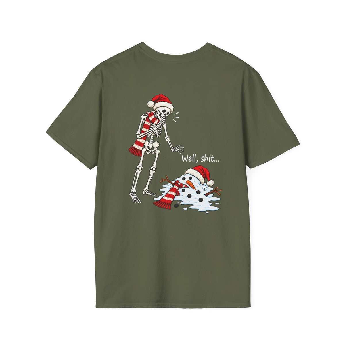 Funny Christmas Skeleton & Melted Snowman Shirt – Holiday Humor Back Print Tee