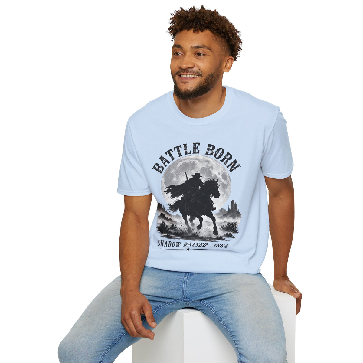 Battle Born Shadow Raised 1864 Shirt – Dark Western Horseman Moon Tee