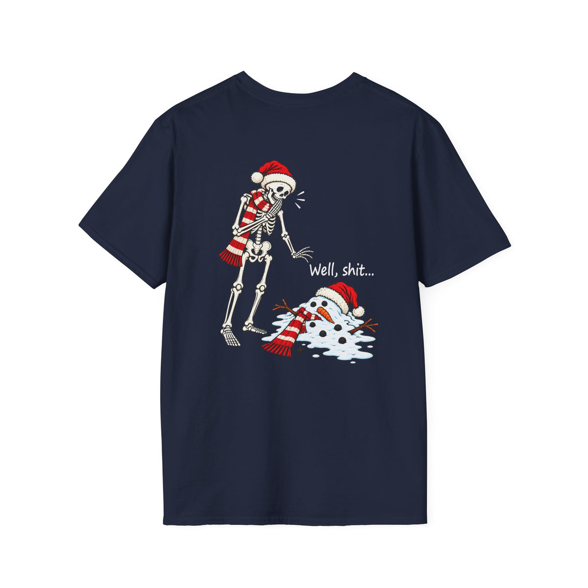 Funny Christmas Skeleton & Melted Snowman Shirt – Holiday Humor Back Print Tee