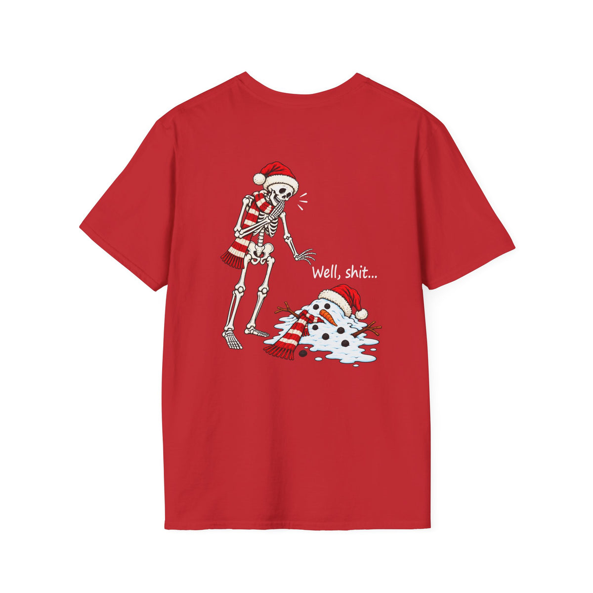 Funny Christmas Skeleton & Melted Snowman Shirt – Holiday Humor Back Print Tee