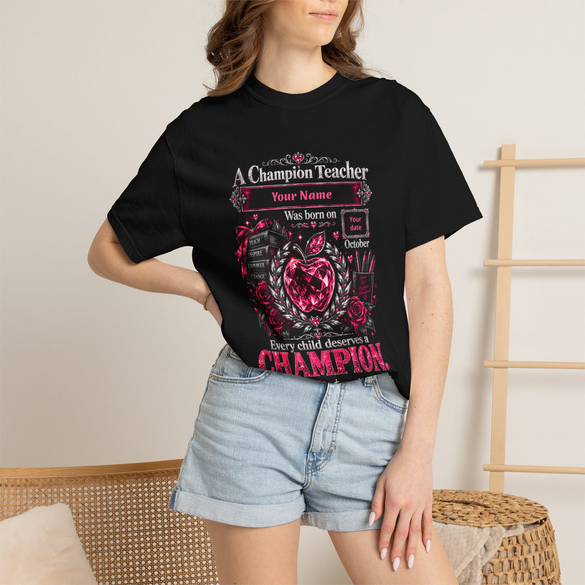 Personalized Champion Teacher October Birthday Comfort Colors Tee